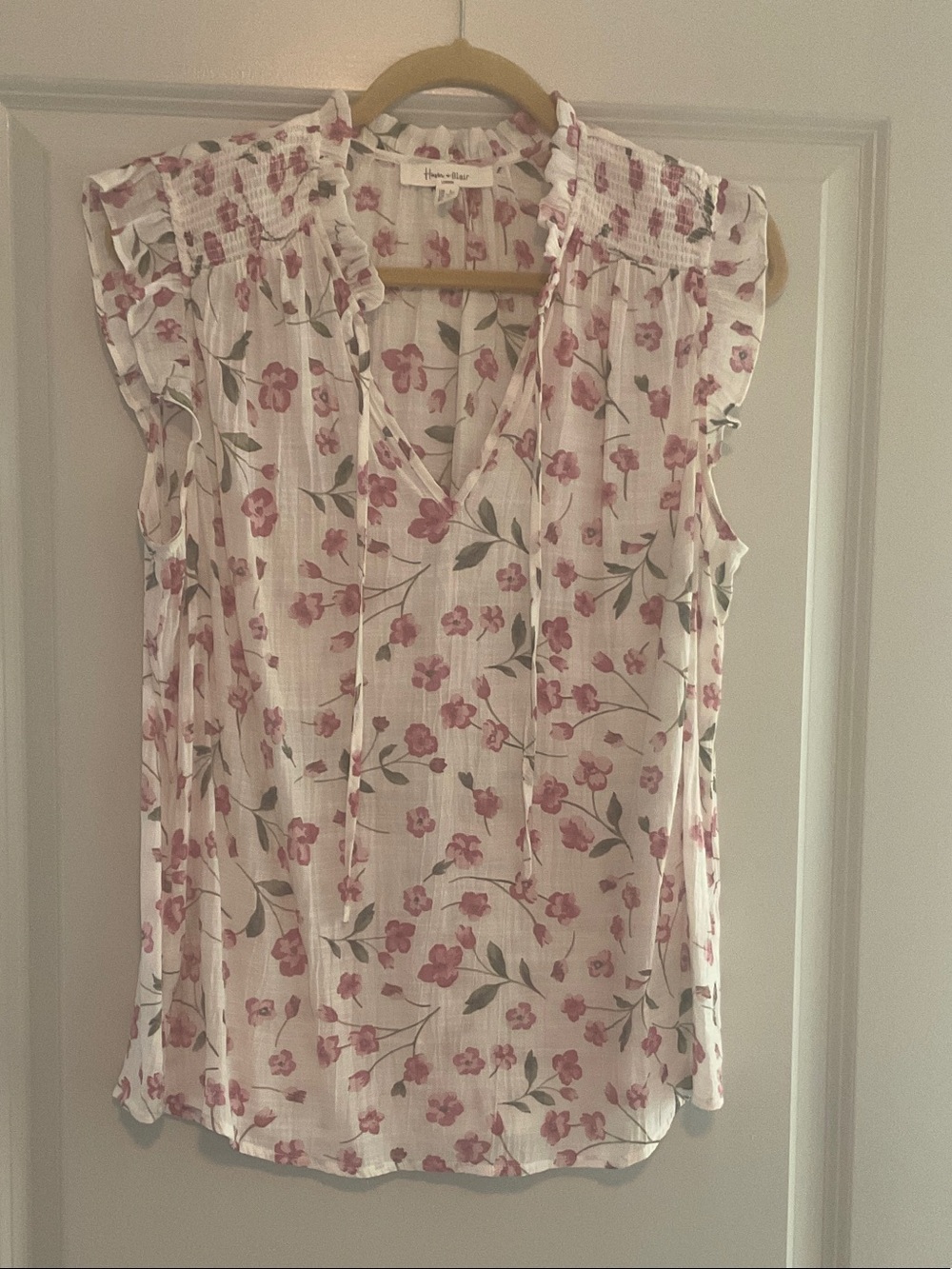 Honey & Lace Pink Floral Smocked Yoke V-Neck Blouse